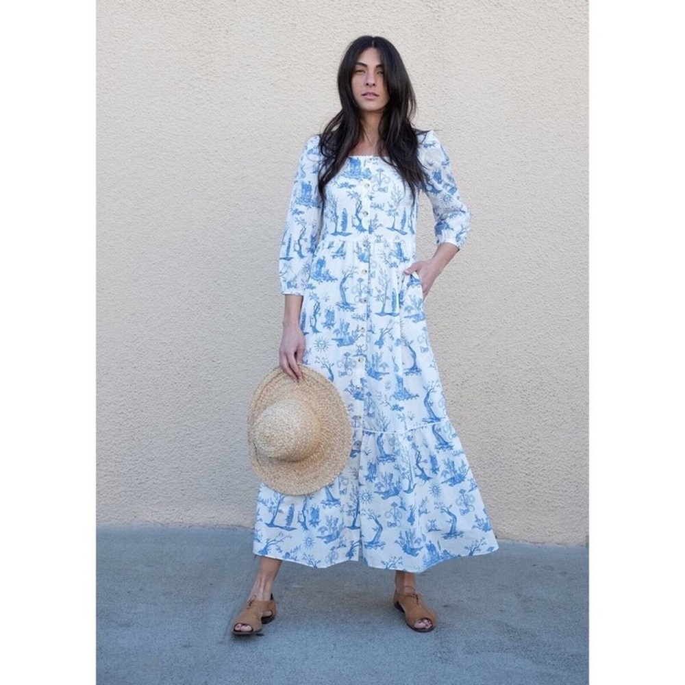 NWT Meadows Ixora Square Neck Organic Cotton Maxi Dress Toile De Jouy Size 0
